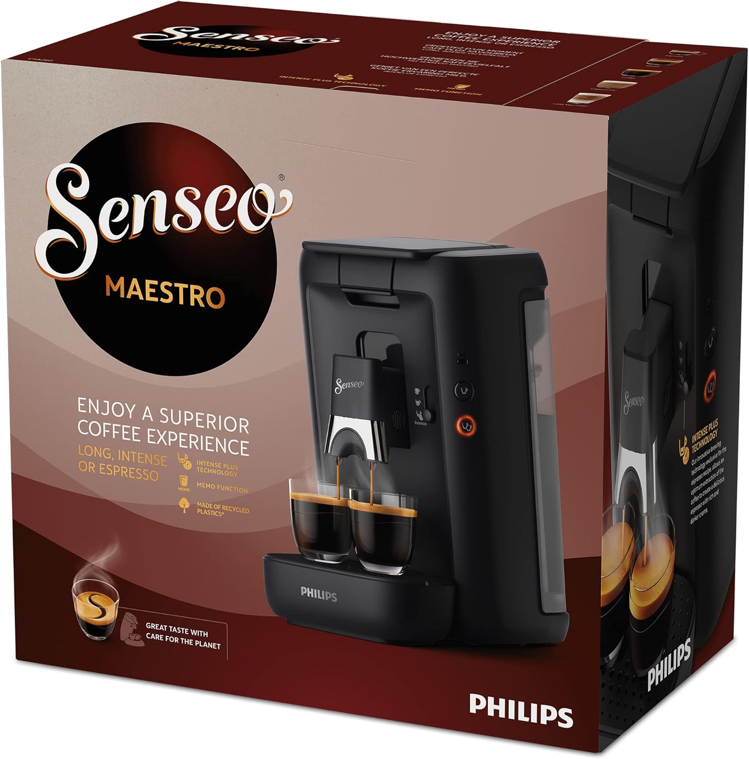 Philips Senseo Maestro Pod Coffee Machine, 1.2 Liter Water Reservoir, Coffee Strength Selection and Memo Function, Green Product, Colour: Black